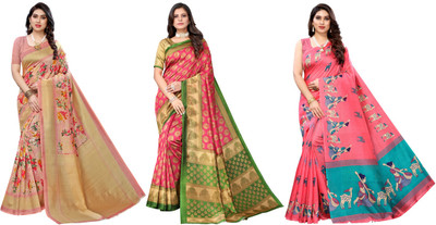 YASHIKA Woven Kasavu Art Silk Saree(Pack of 3, Pink)
