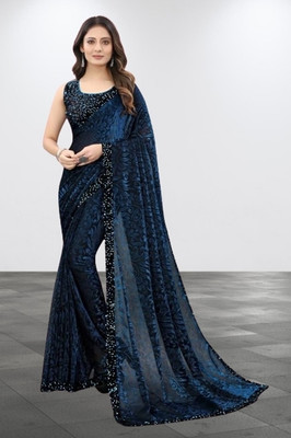 online bazaarr Embellished Bollywood Lycra Blend Saree(Blue)