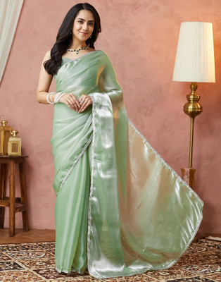 Samah Dyed, Embellished Bollywood Tissue, Lace Saree(Green)
