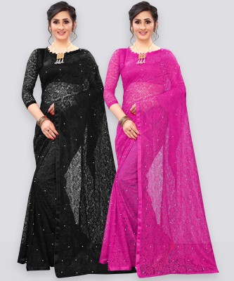 LOROFY Self Design Bollywood Net Saree(Pack of 2, Black, Pink)