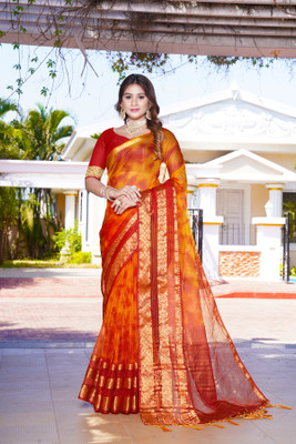 Aarunika SST Printed Bollywood Organza Saree(Red, Yellow)