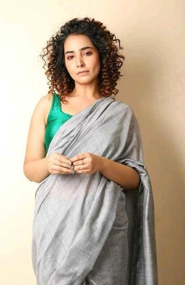 RONI TEXTILES Solid/Plain Tant Cotton Blend Saree(Light Green)