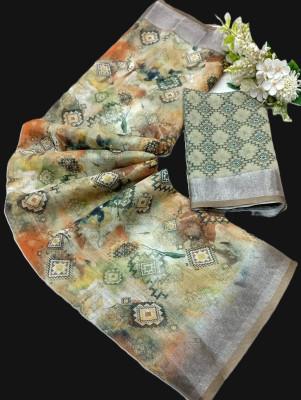 ASHTA Floral Print Kanjivaram Linen Saree(Multicolor)