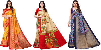 YASHIKA Printed Mysore Art Silk Saree(Pack of 3, Yellow, Beige, Blue)
