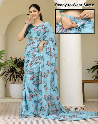 Satrani Floral Print Daily Wear Georgette Saree(Multicolor, Blue)