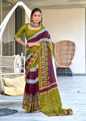 SellZone Printed Hand Batik Mulmul Saree(Maroon)