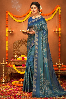 ShivMaya Floral Print Bollywood Silk Blend Saree(Dark Blue)