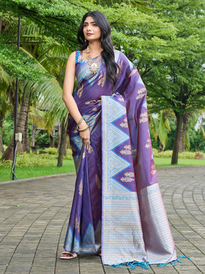 kevami fashion Self Design Kanjivaram Cotton Blend Saree(Dark Blue)