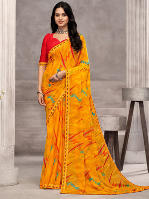 Divastri Floral Print, Geometric Print, Digital Print, Printed Bollywood Chiffon Saree(Yellow)