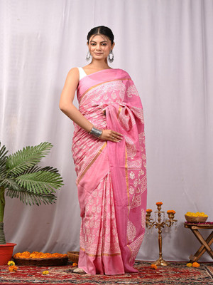 Taavi Blocked Printed Daily Wear Cotton Blend Saree(Pink)