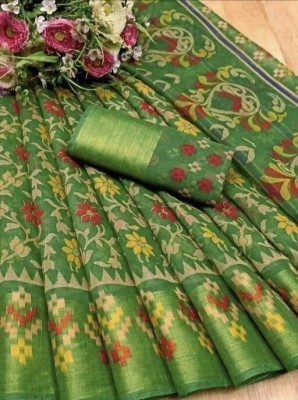 Grubstaker Printed Daily Wear Cotton Blend Saree(Green)