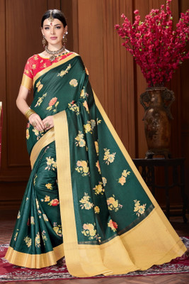Sariya Digital Print Banarasi Silk Blend, Jacquard Saree(Dark Green)