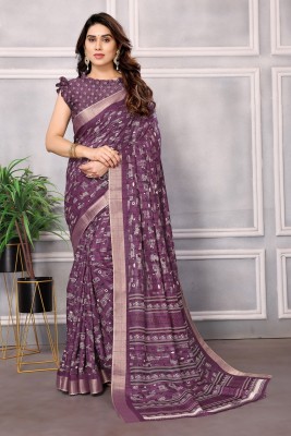 SARETRA MALL Printed Daily Wear Cotton Linen Saree(Purple)