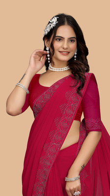 riyanshi fashion Self Design, Embellished, Solid/Plain Saree with Attached Blouse Georgette Saree(Pink)