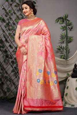 sarjan creation Self Design, Paisley, Blocked Printed, Woven Banarasi Jacquard, Pure Silk Saree(Blue, Pink, Yellow)