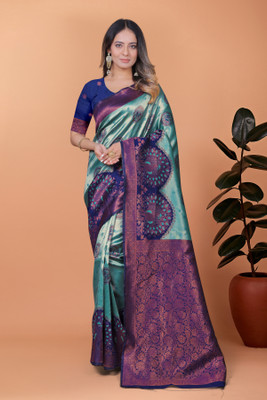 TRINETRA STUDIO Self Design, Embroidered Banarasi Silk Blend Saree(Light Blue, Purple)