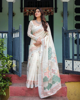 Millstar Digital Print Bollywood Cotton Linen, Art Silk Saree(Cream)