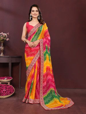 SareezaaStore Printed Bandhani Georgette Saree(Yellow)