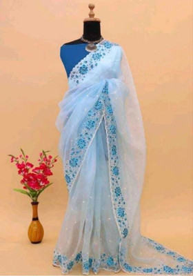 GALANI ENTERPRISE Embroidered Bollywood Net Saree(Light Blue)