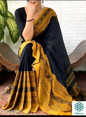 LDma Woven, Solid/Plain, Self Design Tant Handloom Pure Cotton Saree(Black, Yellow)