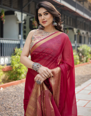 Satrani Woven, Embellished Mangalagiri Chiffon Saree(Pink)