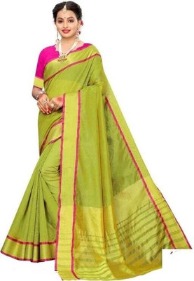 ROFOLO Woven, Solid/Plain Chanderi Cotton Silk Saree(Light Green)
