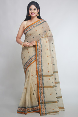 WoodenTant Woven Tant Pure Cotton Saree(Cream)