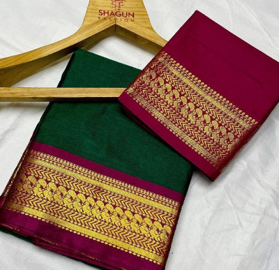 Ramya Self Design Maheshwari Cotton Silk Saree(Green)