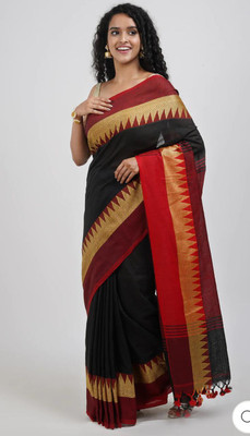 Sthaker Printed Tant Pure Cotton Saree(Black)