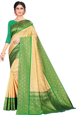Adirotz Woven Banarasi Jacquard Saree(Green, Beige)