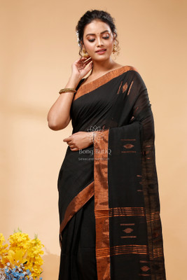 Bong ButiQ Woven Handloom Handloom Cotton Linen Saree(Black)