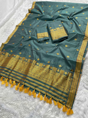 Skiran's Woven Mekhela Chador Cotton Blend Saree(Dark Green)