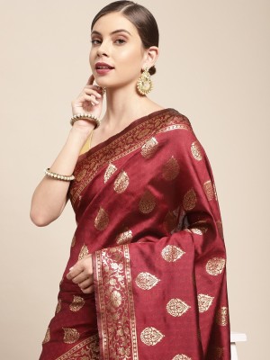 Leeza Store Self Design, Woven Banarasi Cotton Blend Saree(Maroon)