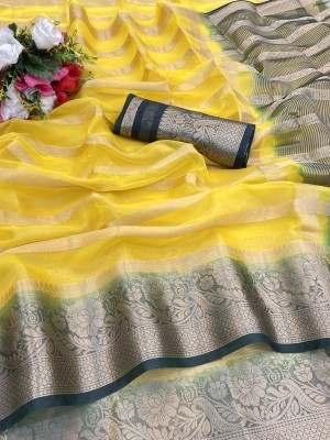 FashionPallavi Woven Bollywood Organza Saree(Yellow)