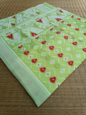 Dristikone Woven Jamdani Pure Cotton Saree(Light Green)