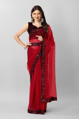TIRTH CREATION Embroidered Bollywood Net Saree(Maroon)