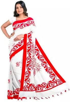 Happy Creation Printed Tant Handloom Cotton Blend Saree(White)