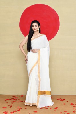 maa textile Woven Handloom Pure Cotton Saree(White)