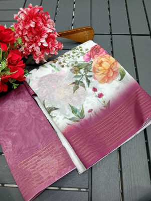 HouseOfCommon Floral Print Chanderi Chanderi, Pure Silk Saree(White, Magenta)