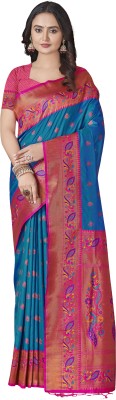 Elite Weaves Woven Paithani Silk Blend Saree(Blue)