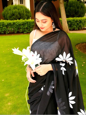 SARKARETHNIC Printed, Digital Print Tant Pure Cotton Saree(Black)