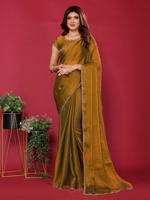 Dream Clouds Solid/Plain Bollywood Chiffon Saree(Gold)