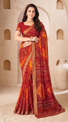 REBOOT FASHIONS Geometric Print Bandhani Chiffon Saree(Maroon)