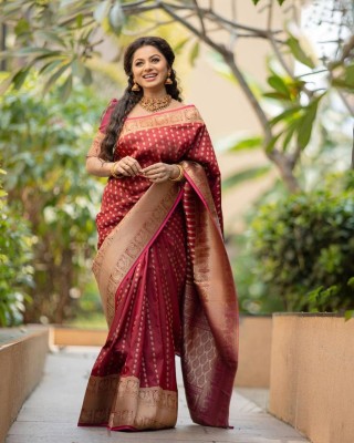 Bansari Textiles Embellished, Applique, Self Design, Woven Banarasi Jacquard, Art Silk Saree(Maroon)