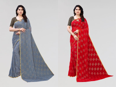 Desi Style Embellished Daily Wear Net, Chiffon Saree(Pack of 2, Red, Grey)
