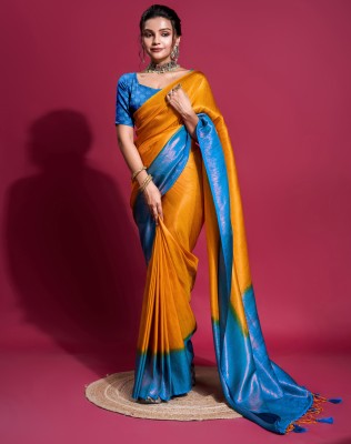 Siril Woven, Embellished, Self Design Banarasi Silk Blend, Jacquard Saree(Yellow, Blue)