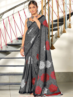 Moda Rapido Printed Daily Wear Pure Cotton Saree(Grey)