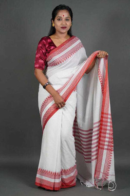 sourav biswas Solid/Plain Handloom Art Silk, Cotton Blend Saree(White, Red)
