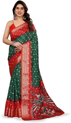 Moda Rapido Printed Bandhani Silk Blend Saree(Green, Red)