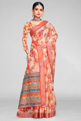 WONAYA Digital Print Bollywood Linen Saree(Orange)